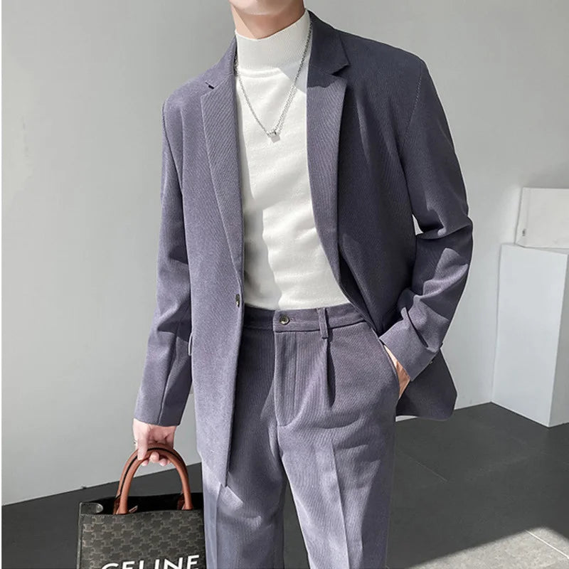 Business Casual Men's Suit Coat Long Sleeve Blazer + Straight Suit Pants Single Button Loose Two-piece Set Autumn Man Set
