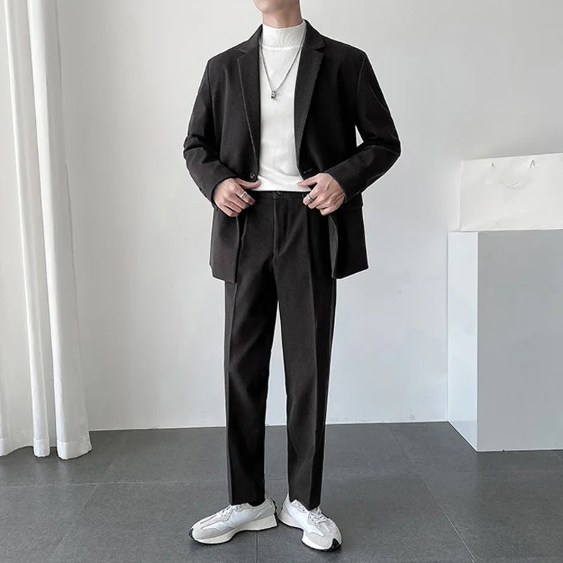 Business Casual Men's Suit Coat Long Sleeve Blazer + Straight Suit Pants Single Button Loose Two-piece Set Autumn Man Set