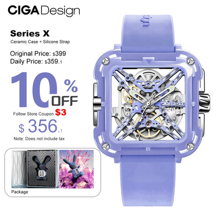 CIGA Design X Series Purple Skeleton Automatic Watch for Women Ladies Elegant Ceramic Mechanical Wrist Watches Silicone Strap