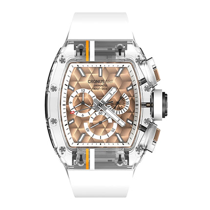 CRONUSART Men Chronograph Watch Tonneau Automatic Mechanical Wristwatch Sapphire Case Lume Fluororubber Strap Sapphire Mirror