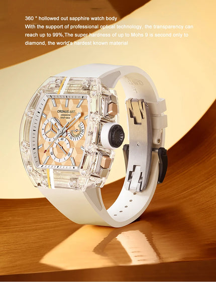 CRONUSART Men Chronograph Watch Tonneau Automatic Mechanical Wristwatch Sapphire Case Lume Fluororubber Strap Sapphire Mirror