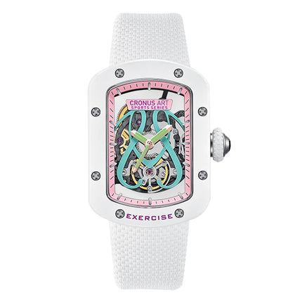 CRONUSART Women Automatic Watch 29mm*41mm Tonneau Ladies Mechanical Wristwatch Fluororubber Strap Luminous Hollow Out Dial