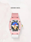 CRONUSART Women Automatic Watch Luxury Tonneau Ladies Mechanical Wristwatch Ceramic Case Fluororubber Strap 3D Relief Dial