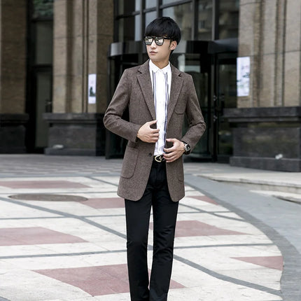 Casual Business Mens Blazers Autumn Slim Fit Long Sleeve Suit Jacket British Office Style Single Breasted Woolen Blazer Coat Men