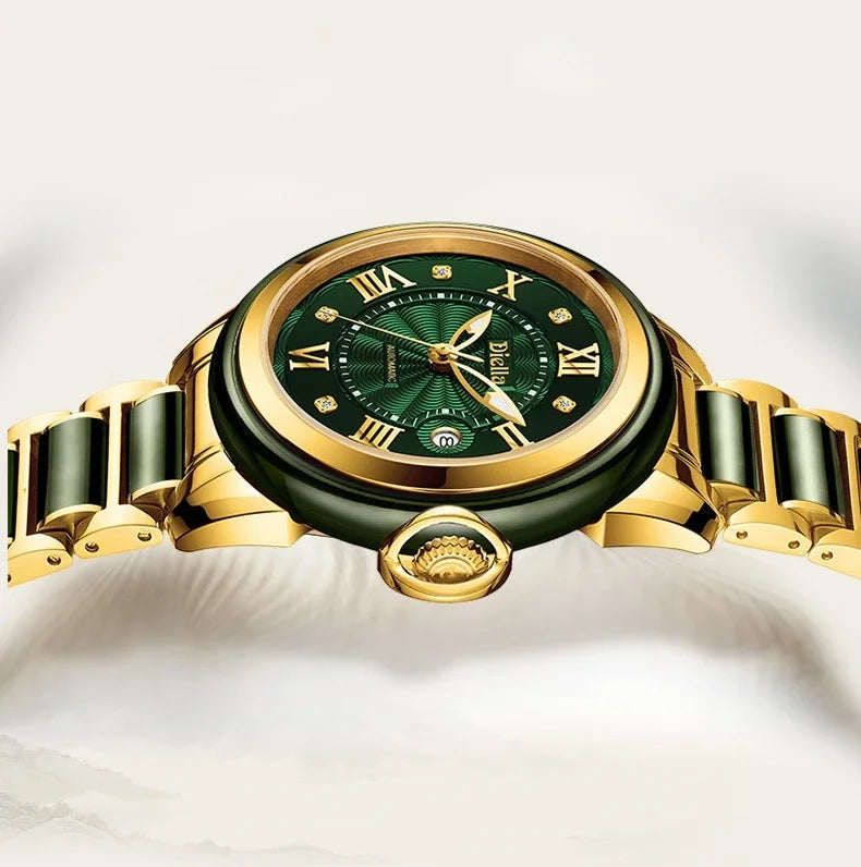 Diella Men Jade Watch Fashion Automatic Mechanical Sapphire Waterproof Luminous Watches Top Brand Genuine Jade Gold Watch
