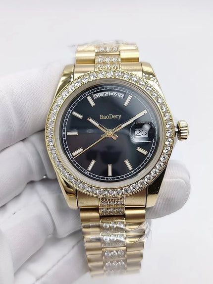 Elegant 36mm Watch for Ladies Diamond Case Strap Mechanical Movement Dual Calendar Ultimate Timepiece Accessory