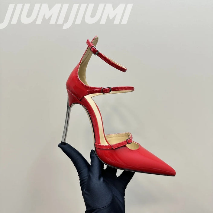 Elegant High Gloss Cow Leather Belt Buckle Pointed-Toes Solid Woman Pumps Shallow Metal Stiletto Heels Ankle Strap Zapatos Mujer