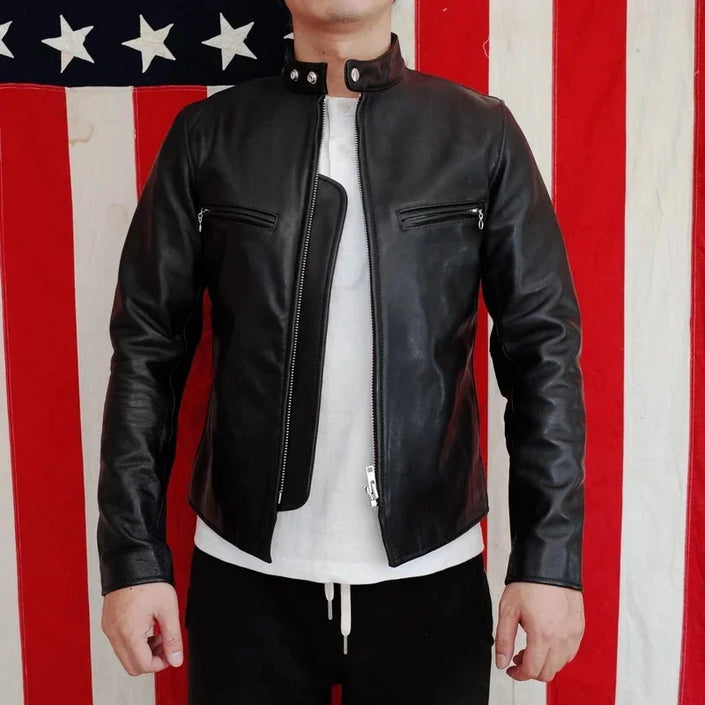 Free shipping.sales.Brand Classic motor biker style genuine leather jacket.mens US 641 horsehide coat.quality slim