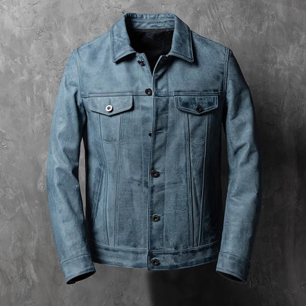 Genuine Vintage Leather Biker Jackets Mens Short Loose Single Breasted Turn-Down Collar Pockets Natural Cowhide Hip Hop Coat