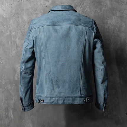 Genuine Vintage Leather Biker Jackets Mens Short Loose Single Breasted Turn-Down Collar Pockets Natural Cowhide Hip Hop Coat