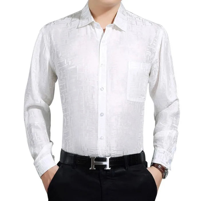 Summer 100% Silk Men Shirt Long Sleeve White Shirt Spring Formal Shirts Men 2019 Gentlemen Loose Camisa Masculina 3033 KJ1948