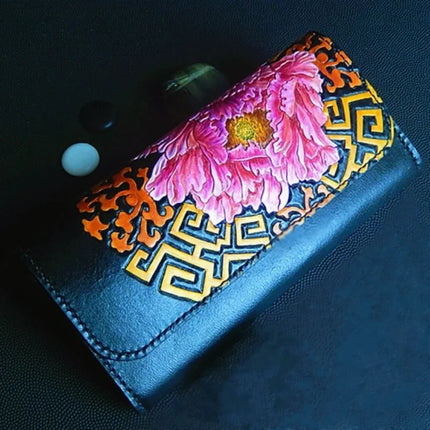 Handmade Flower Cowhide Wallets Carving Peony Purses Men Long Clutch Vegetable Tanned Leather Bag Card Holder Birthday Gift