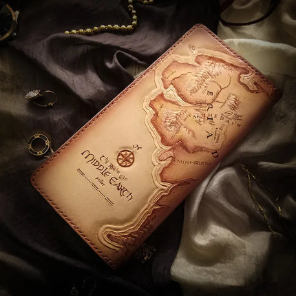 Handmade Women Middle Earth Map Wallets Bag Purses Men Long Clutch Vegetable Tanned Leather Wallet Free Design