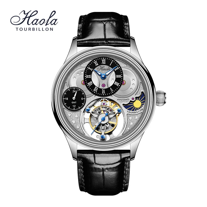 Haofa Luxury GMT Flying Tourbillon Mens Watch Sapphire Manual Mechanical Watch for Men Day And Night Waterproof Casual 1036-1