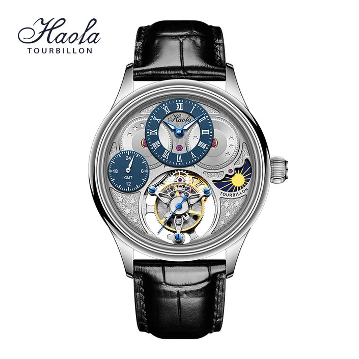 Haofa Luxury GMT Flying Tourbillon Mens Watch Sapphire Manual Mechanical Watch for Men Day And Night Waterproof Casual 1036-1