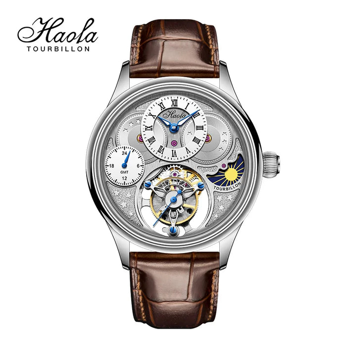 Haofa Luxury GMT Flying Tourbillon Mens Watch Sapphire Manual Mechanical Watch for Men Day And Night Waterproof Casual 1036-1