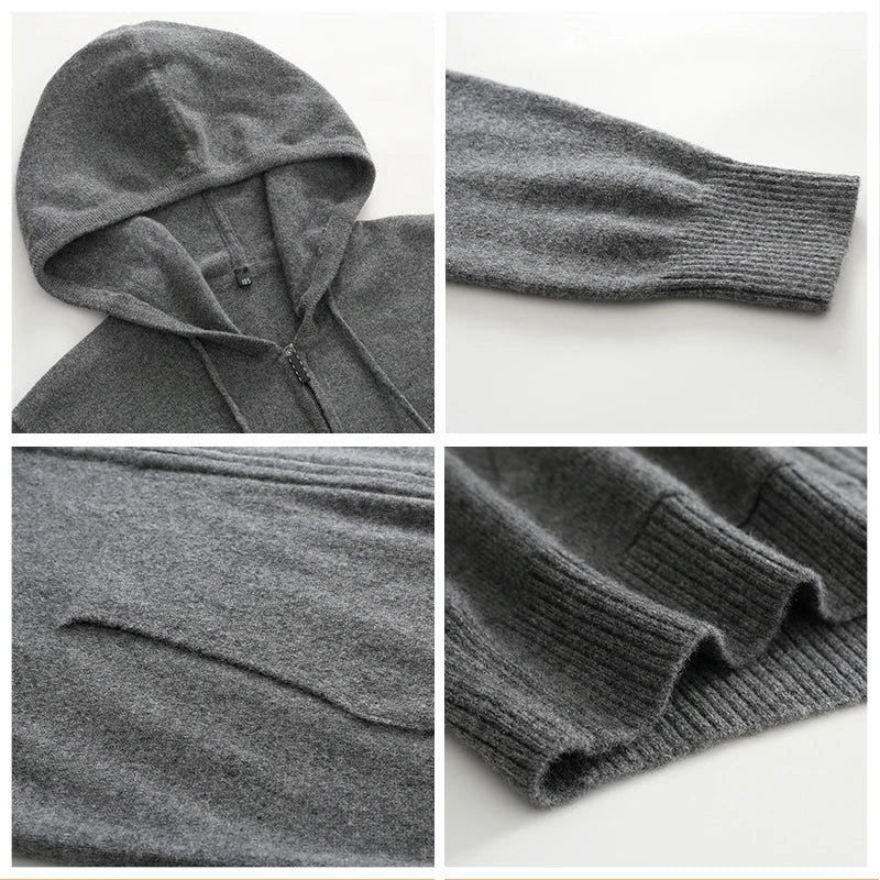 Hooded~Cashmere Sweater Men's 100% Pure Cashmere Cardigan Knitted Sweater Coat
