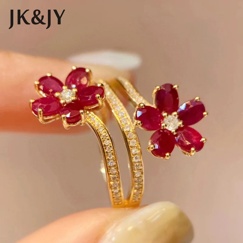JK&JY 2.1 Carat Natural Ruby 18K Yellow Gold Double Flower Ring Fashion Party Fine Jewelry Ladies Birthday Gift Wholesale
