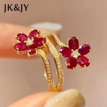 JK&JY 2.1 Carat Natural Ruby 18K Yellow Gold Double Flower Ring Fashion Party Fine Jewelry Ladies Birthday Gift Wholesale