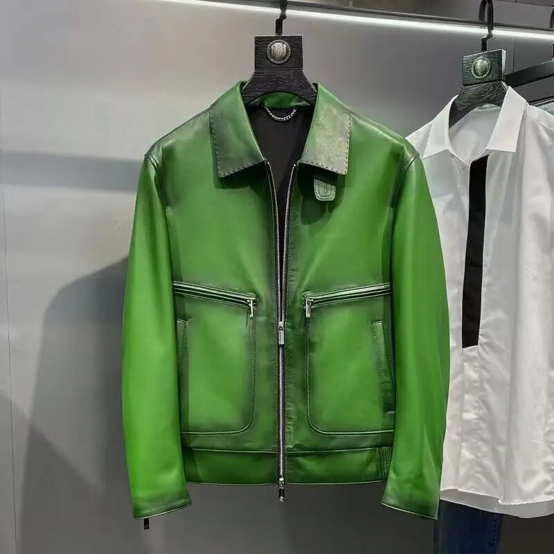 Luxury Brand Green Real Cowhide Genuine Leather Jacket Men Motorcycle Coat Mens Biker Clothes Spring Autumn Asian Size 5XL