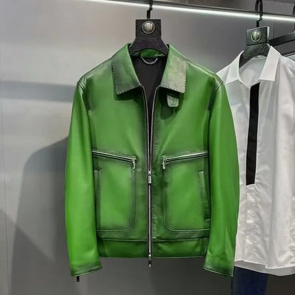 Luxury Brand Green Real Cowhide Genuine Leather Jacket Men Motorcycle Coat Mens Biker Clothes Spring Autumn Asian Size 5XL