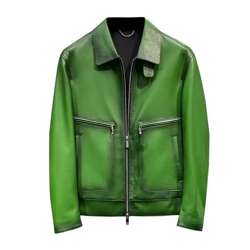 Luxury Brand Green Real Cowhide Genuine Leather Jacket Men Motorcycle Coat Mens Biker Clothes Spring Autumn Asian Size 5XL