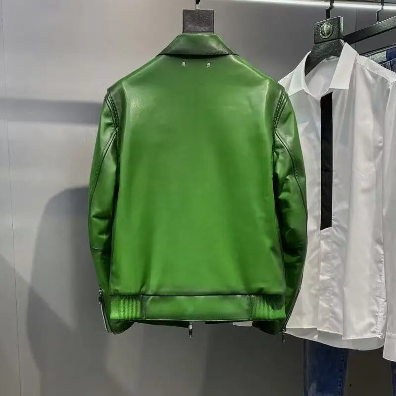 Luxury Brand Green Real Cowhide Genuine Leather Jacket Men Motorcycle Coat Mens Biker Clothes Spring Autumn Asian Size 5XL