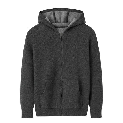 Men's 100% pure cashmere hooded zippered cardigan sweater, double layer thickened jacket, produced in Ordos city