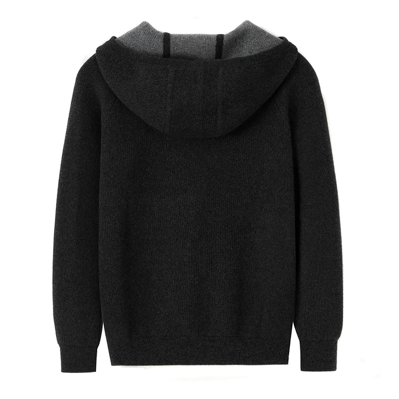 Men's 100% pure cashmere hooded zippered cardigan sweater, double layer thickened jacket, produced in Ordos city