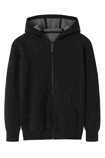 Men's 100% pure cashmere hooded zippered cardigan sweater, double layer thickened jacket, produced in Ordos city