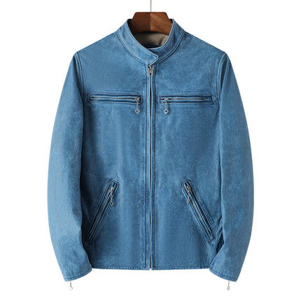 New 2024 Blue Retro Stand Collar Genuine First Layer Cowhide Slim Calf Leather Men's Motorcycle Jacket