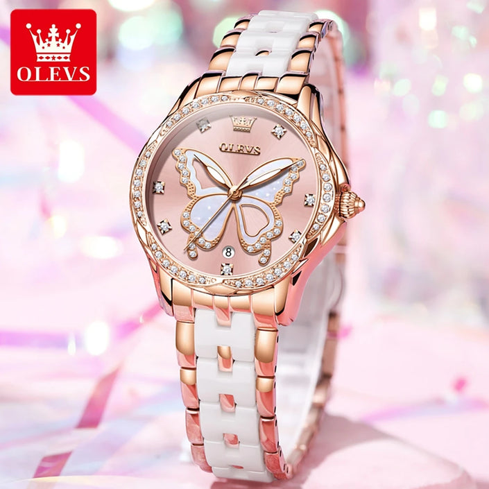OLEVS Luxury Watches for Women Quartz  Diamond Love Heart Dial Rose Gold Ceramic Band Waterproof Luminous Date Ladies Watches