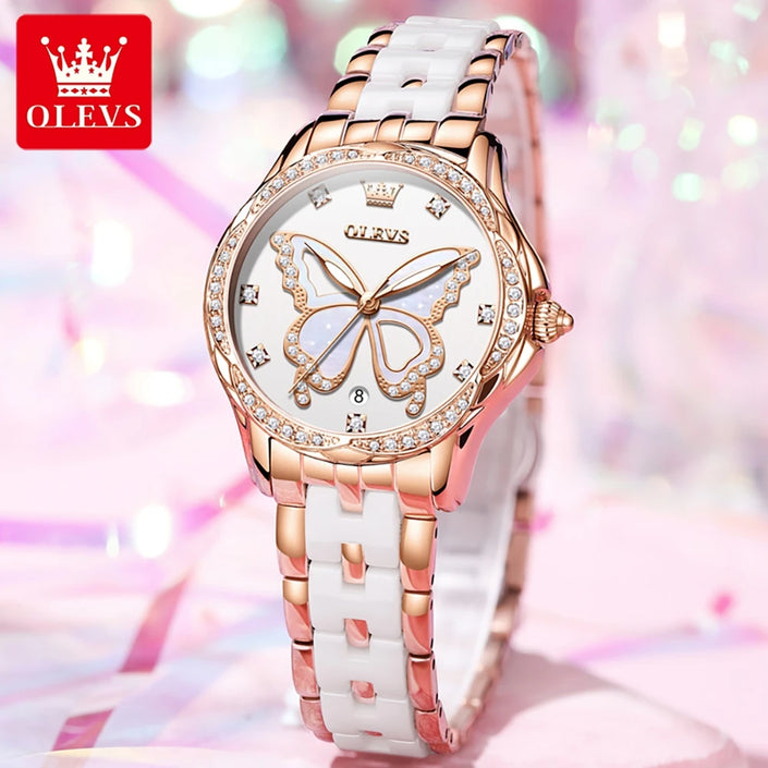 OLEVS Luxury Watches for Women Quartz  Diamond Love Heart Dial Rose Gold Ceramic Band Waterproof Luminous Date Ladies Watches