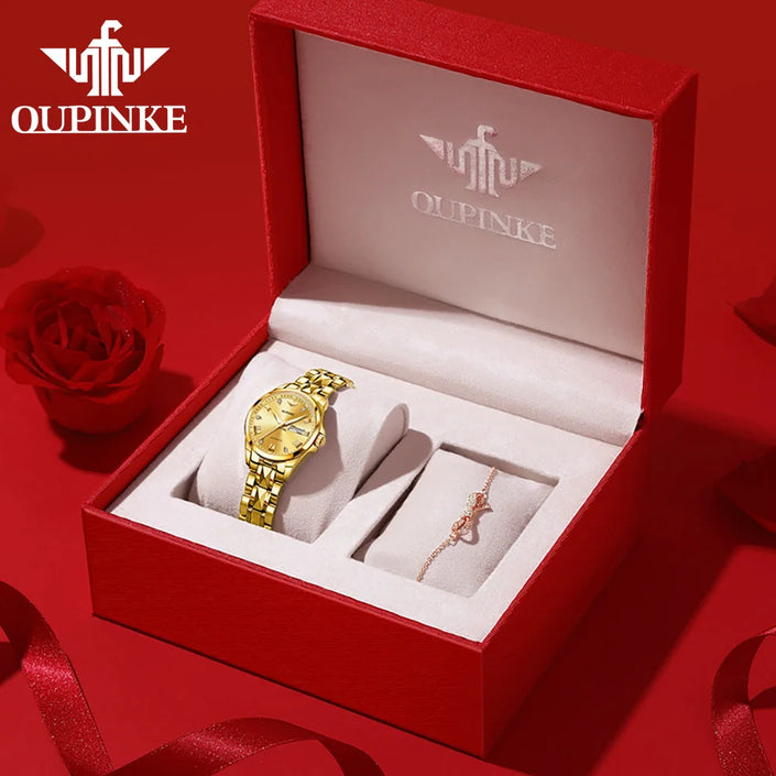 OUPINKE 3171 Original Women's Watches Sapphire Mirror Calendar Luxury Automatic Mechanical Woman Watch Ladies Green Wristwatches