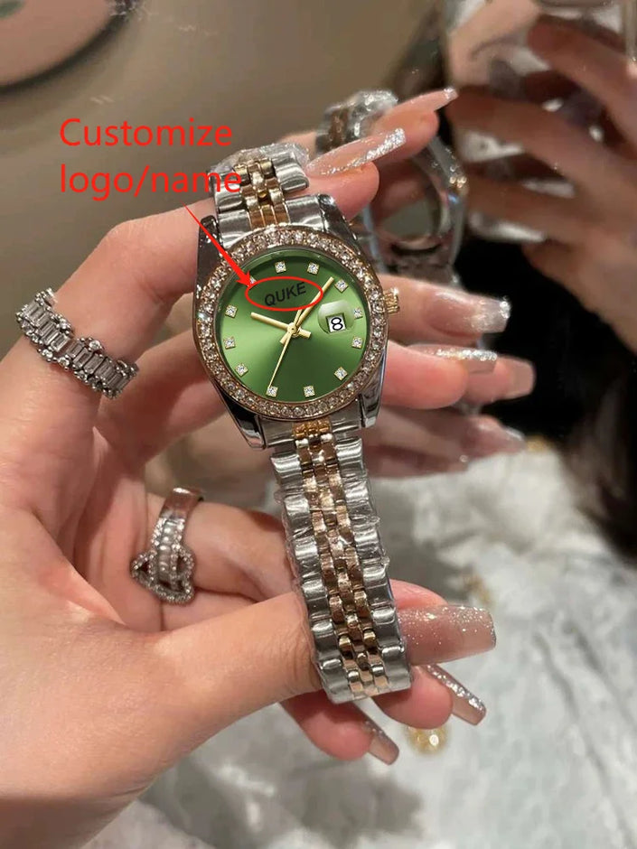 Rose Gold Luxury Watch Women Ring Necklace Earring Rhinestone Fashion Wristwatch Casual Ladies Green dial Bracelet Watches
