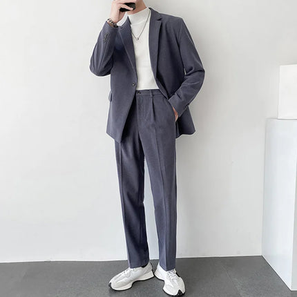 Business Casual Men's Suit Coat Long Sleeve Blazer + Straight Suit Pants Single Button Loose Two-piece Set Autumn Man Set