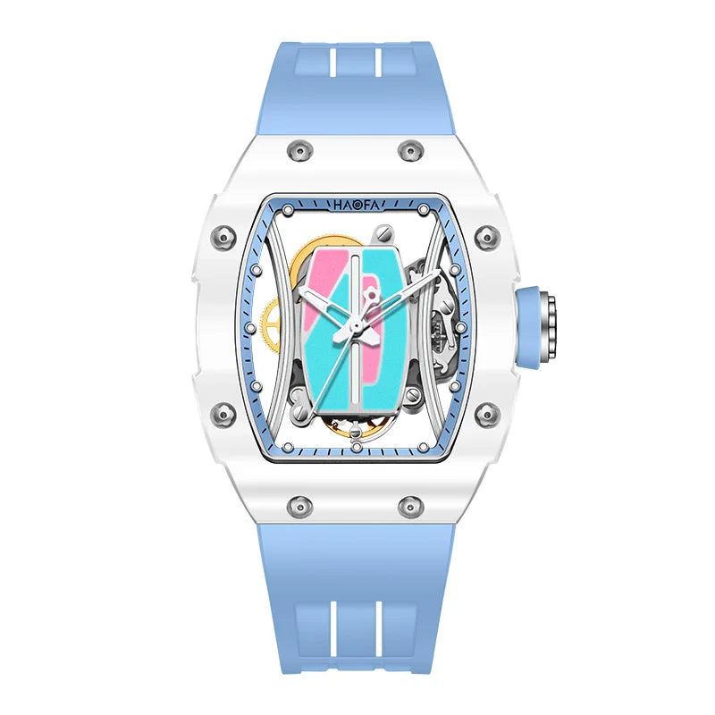Haofa Ladies Automatic Watch Hollow Colorful Dial Ceramic Bezel Sapphire Waterproof Mechanical Watch Skeleton Women's Watch 1991
