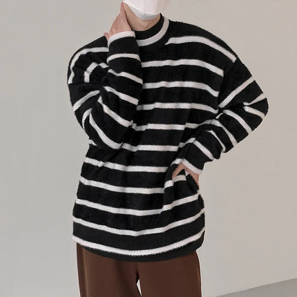 And Autumn Winter Striped Sweater Men's Thickened Warm Mohair Sweaters Korean Comfortable Inner Trend Kintting Tops 2A0777