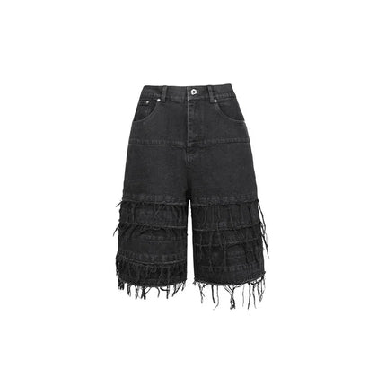 Wasteland Style Distressed Stone Washed Erosion Niche Designer Black Jeans Shorts Men's
