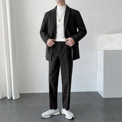 Business Casual Men's Suit Coat Long Sleeve Blazer + Straight Suit Pants Single Button Loose Two-piece Set Autumn Man Set