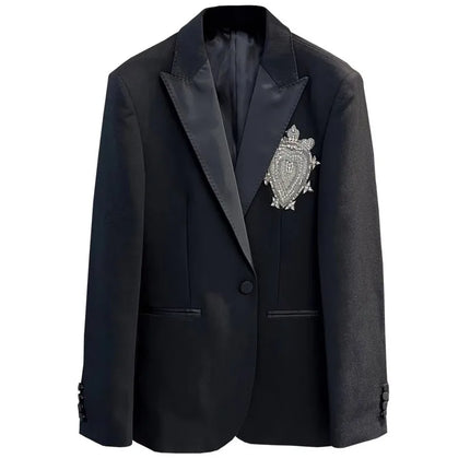 Luxury Men Business Work Diamonds Badge Wool Blazer Jacket One Button Office Suit Coat Top Quality Slim Fit Wedding Dress Blazer