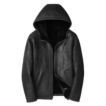 Winter Shearling Genuine Leather Jacket Men Real Fur Coat Hooded Natural Sheep Coats Warm leather jackets for men