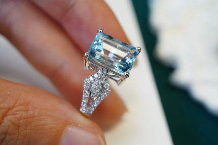 SX Jewellery Solid 18K White Gold Nature 3.13ct Blue Aquamarine Gemstones Rings for Women Fine Jewelry Presents