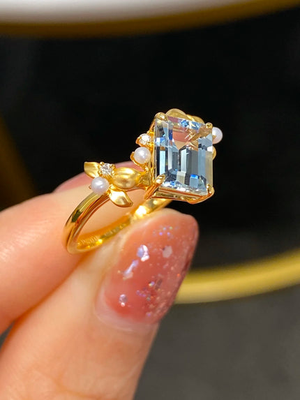 SX Jewellery Solid 18K Yellow Gold Nature 1.4ct Blue Aquamarine Gemstones Rings for Women Fine Jewelry Presents