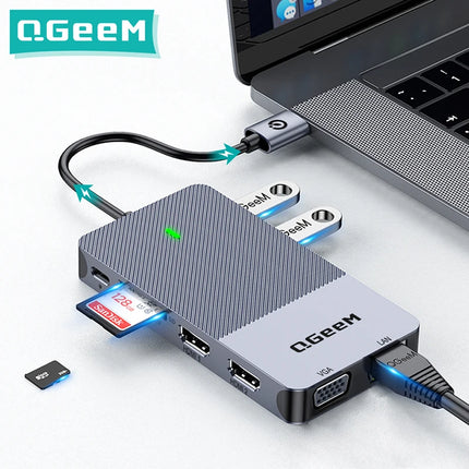 QGeeM USB C Hub Docking Station Triple Display Dual HDMI VGA USB Adapter Splitter for Xiaomi Laptops USB 3.0 Hub PC Accessories