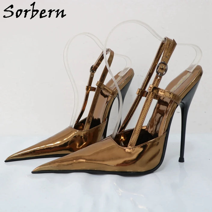 Sorbern 14Cm Cigarette Heels Custom Slingback Women Pumps Pointy Toes Metallic Coffee Evening Party Footwear Custom Color