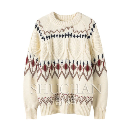 Geometric100% Cashmere Winter Clothes Women Thick O-neck Sueters De Mujer  Long Sleeve Top  Pull Femme Sweater