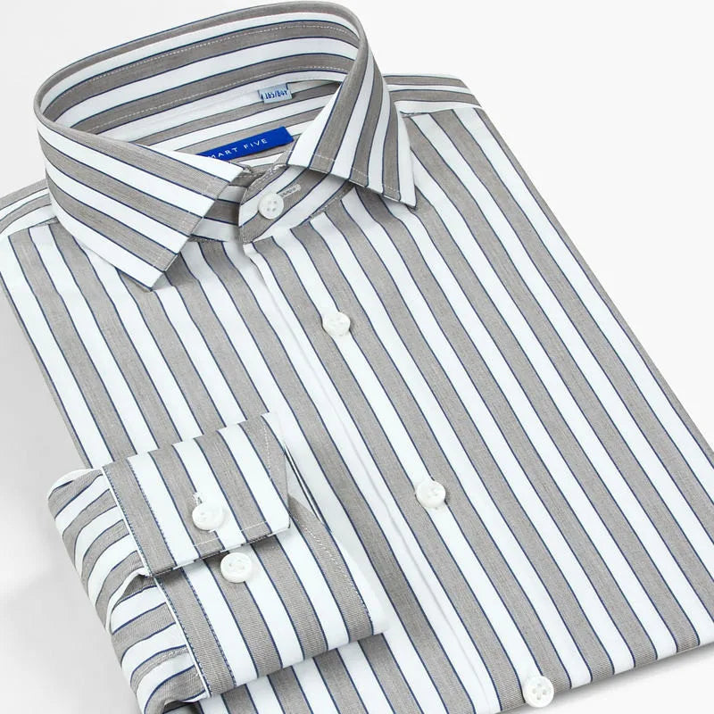 Smart Five Windsor Collar Dress Shirts Men Slim Fit Long Sleeve Cotton Striped Shirts Man Office Formal Camisa Masculina