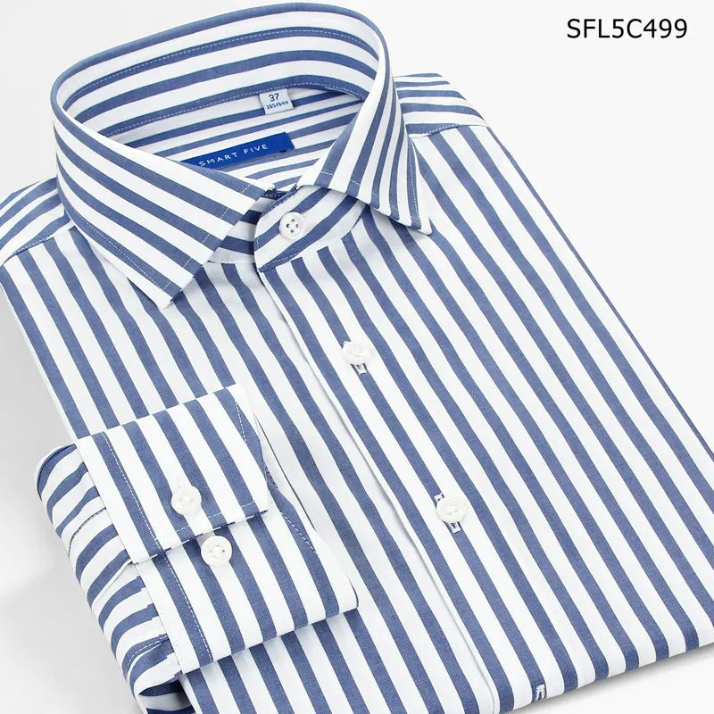 Smart Five Windsor Collar Dress Shirts Men Slim Fit Long Sleeve Cotton Striped Shirts Man Office Formal Camisa Masculina