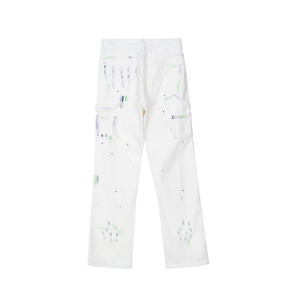 Street High Micro Flared Pants Speckled Stitched White Jeans Hip Hop Loose Men's Long Pants 2022 New Spring Bittoms 2A0828